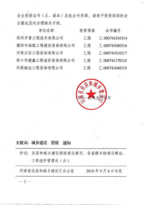 河南省住房和城鄉(xiāng)建設(shè)廳關(guān)于批準(zhǔn)鄭州開(kāi)普工程技術(shù)等6家乙級(jí)工程造價(jià)咨詢(xún)企業(yè)資質(zhì)延續(xù)的通知